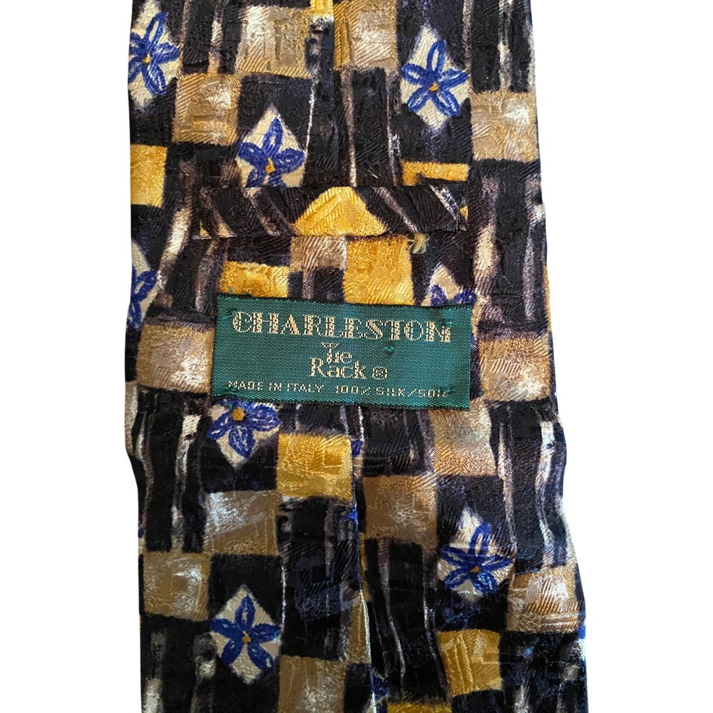 Charleston Tie Rack Mens Silk Tie Geometric Floral Gold Black Blue Made in Italy